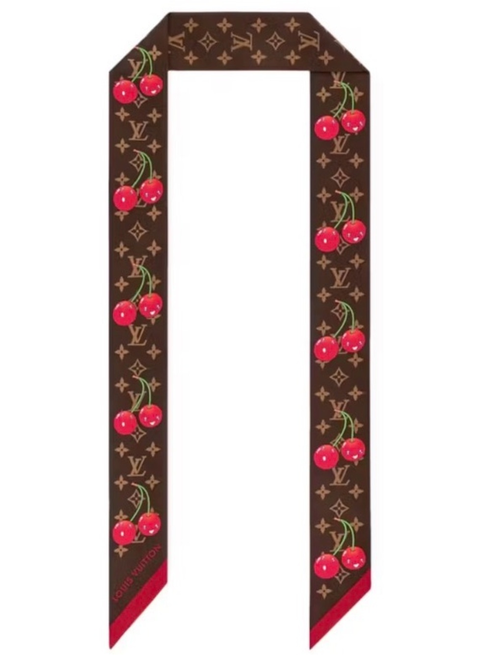 Louis Vuitton Brown Monogram Cherry Silk Twilly Scarf with Red Accents